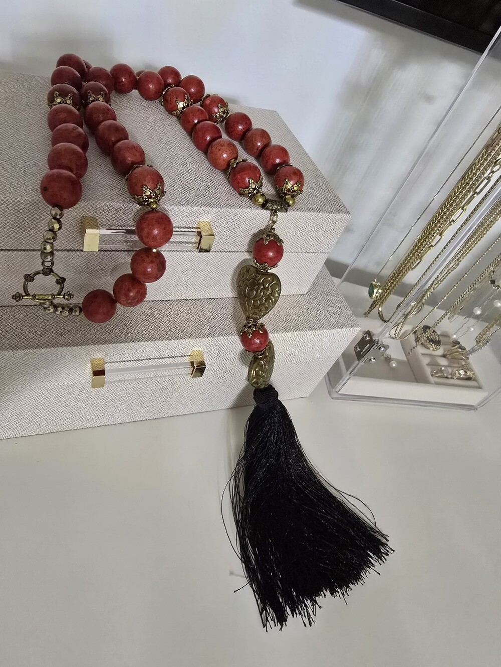 Red Beaded Tassel Necklace with Brass Heart Accents